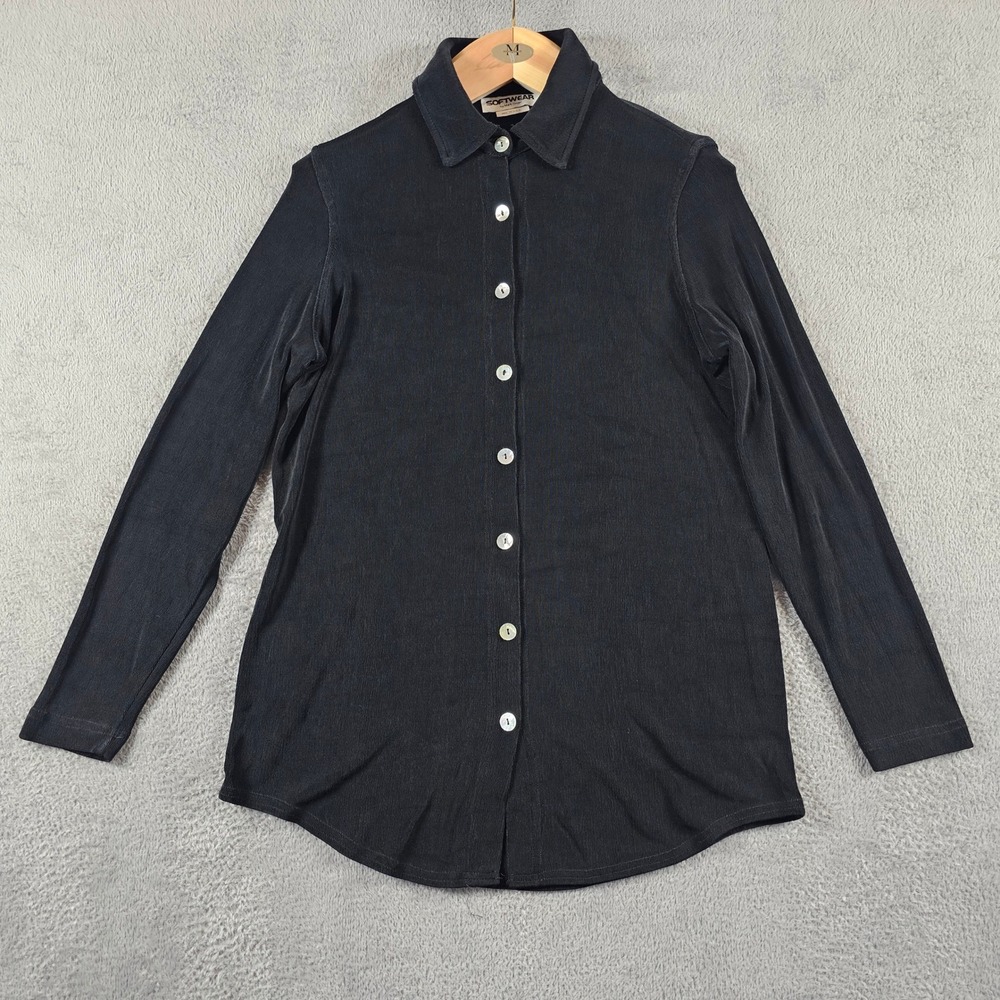 SOFTWEAR by Mark Singer Black Textured Slinky Knit Button Down Shirt Medium‎